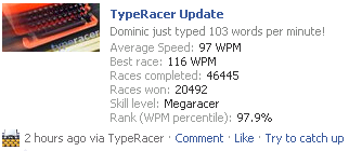 TypeRacer score on your Facebook wall