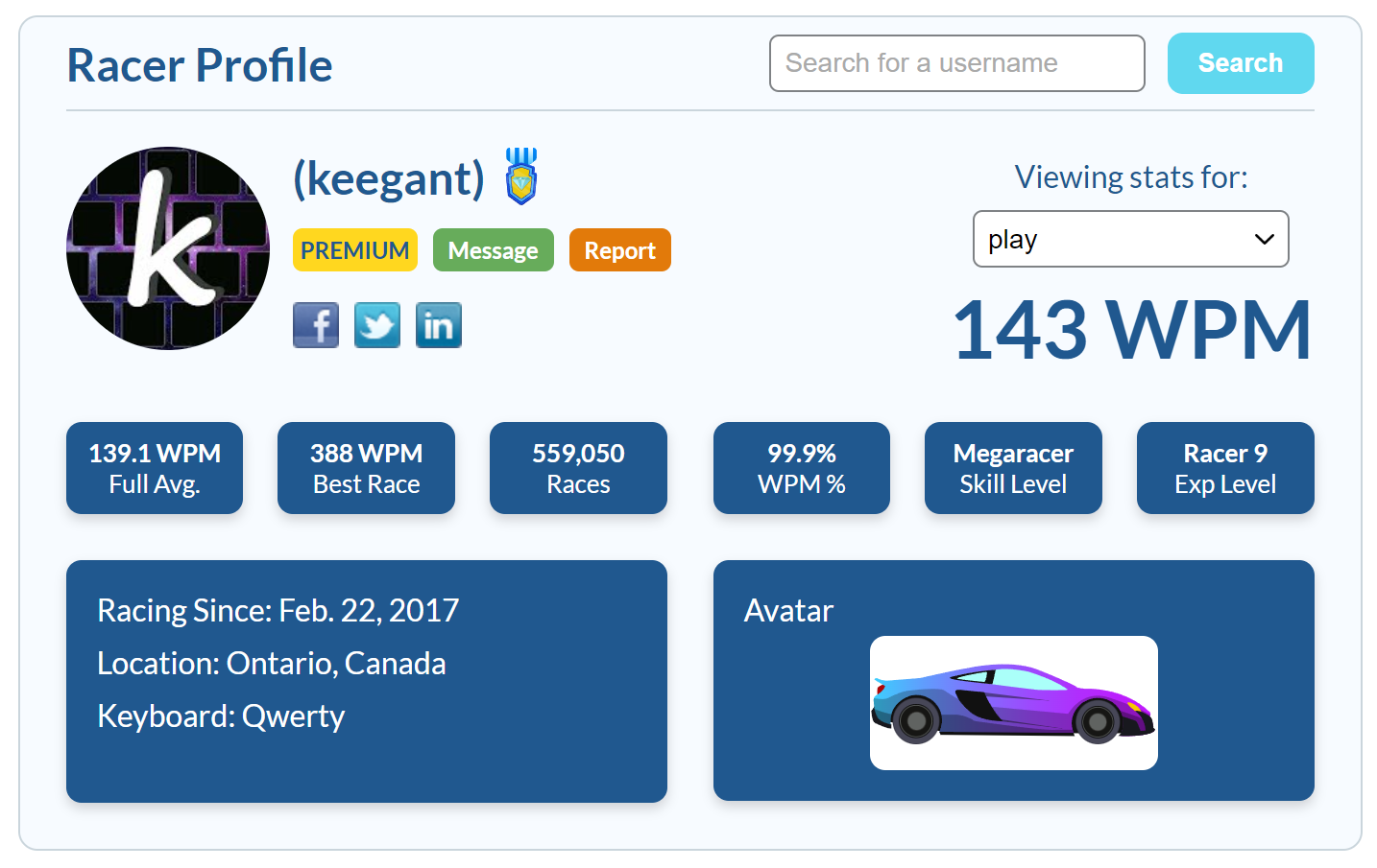 New Record: Typist KeeganT hits HALF A MILLION races total